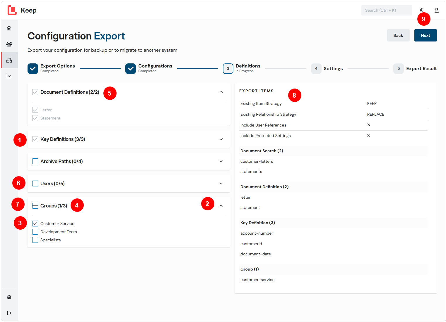 The Definitions page of the Configuration Export process.